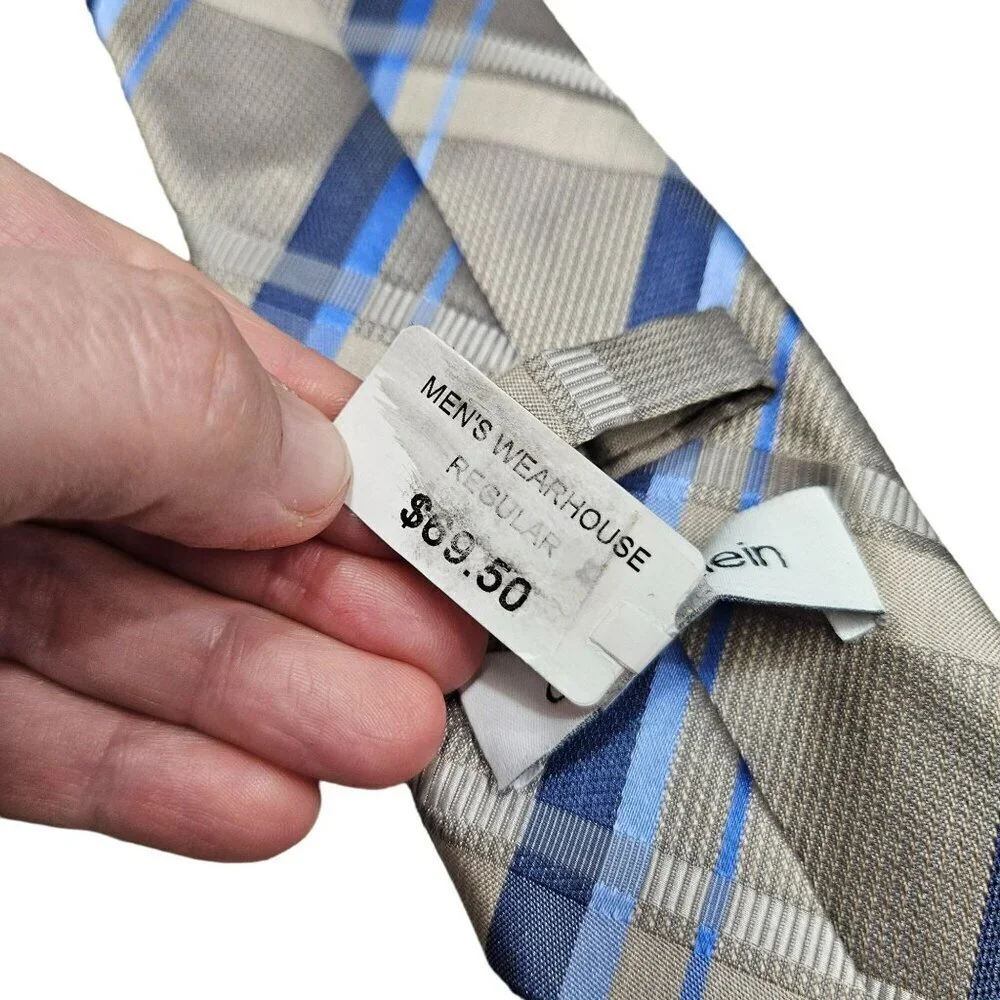Calvin Klein NWT Mens Plaid Silk & Polyester‎ Tie Blue/Gray
